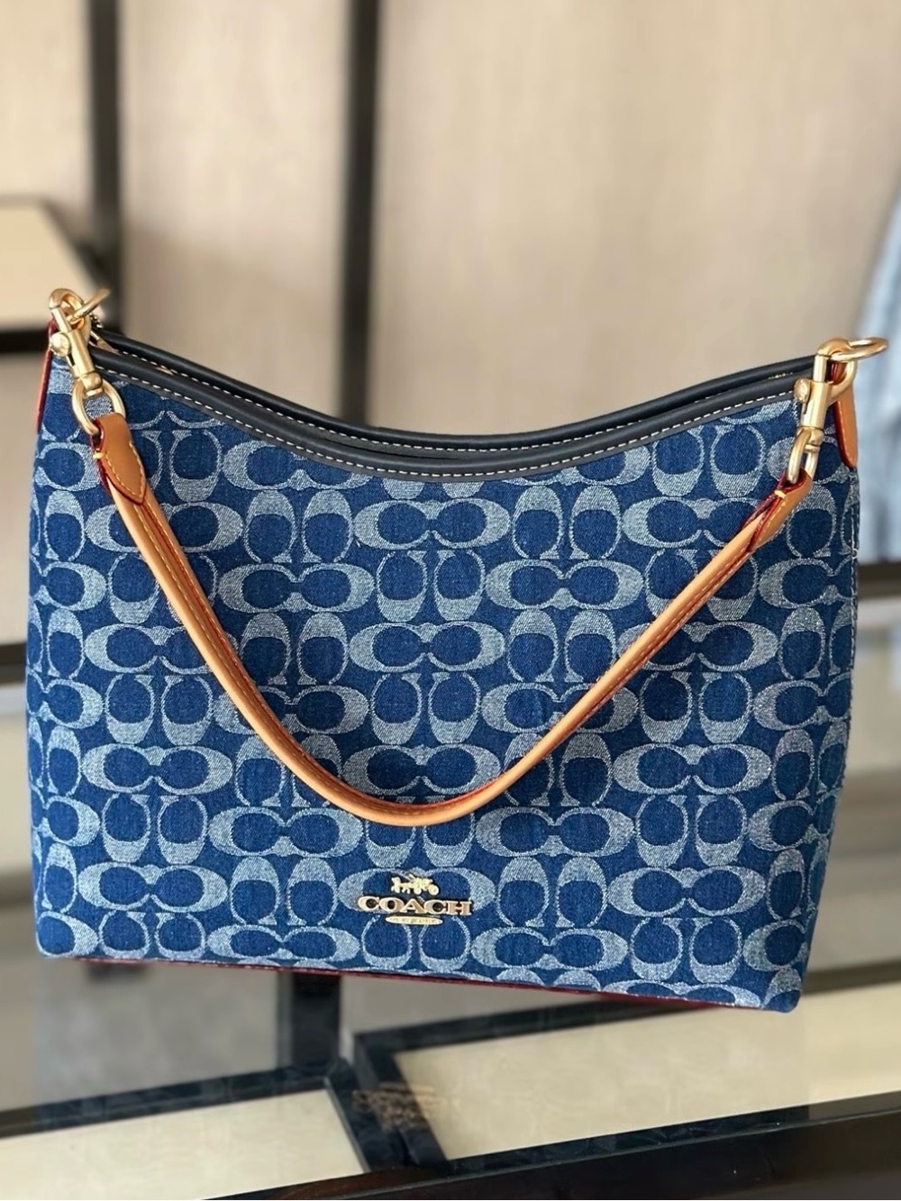 Coach Signature Denim Shoulder Bag with Tan Leather Strap